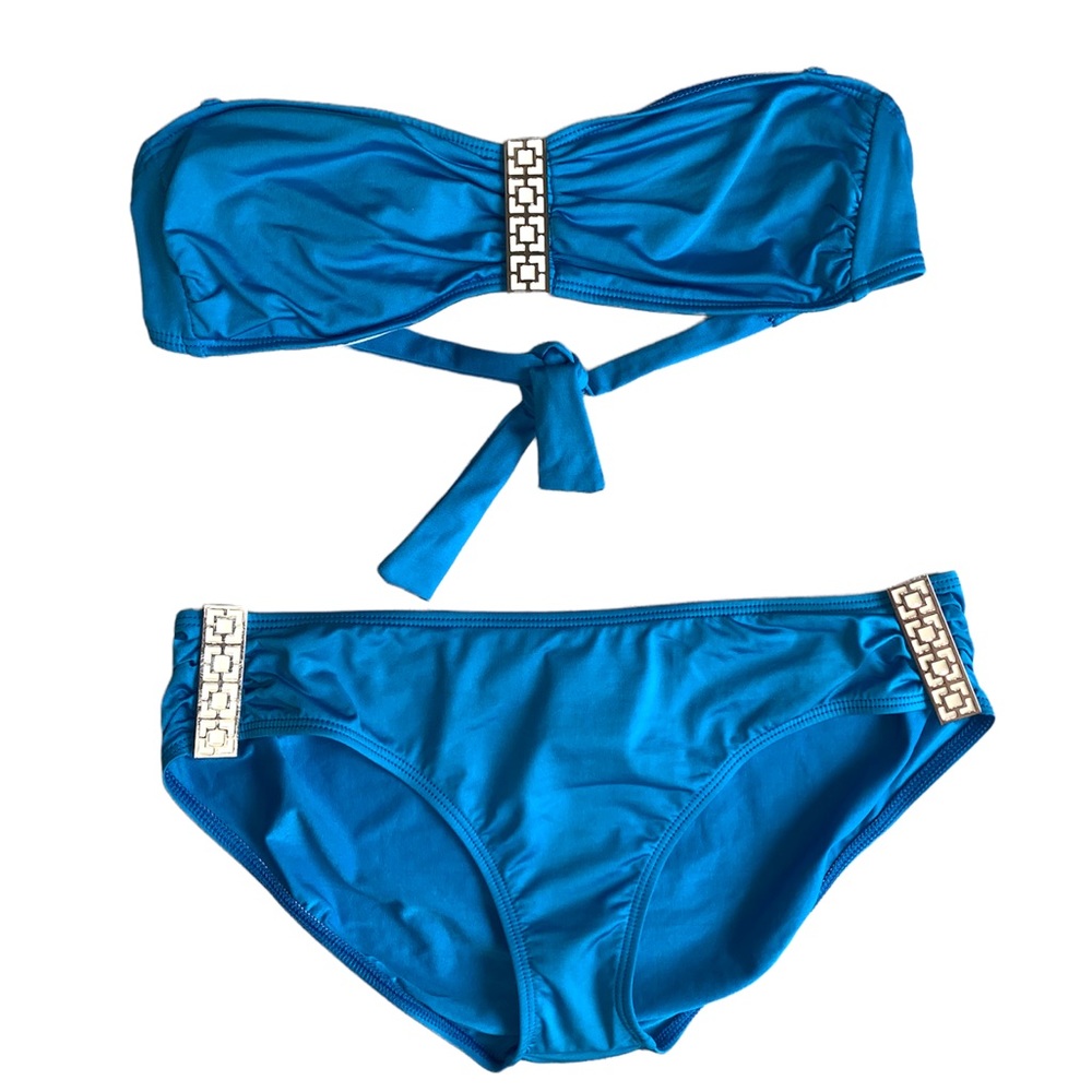 Trina Turk Blue Plated Strapless Bikini Set Size Medium